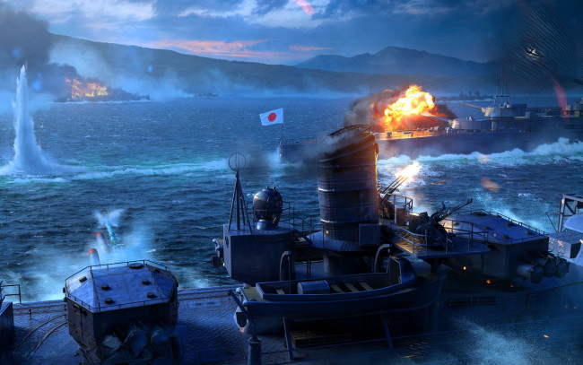 Обои картинки фото видео игры, world of warships, корабли, бой, море, огонь, горы