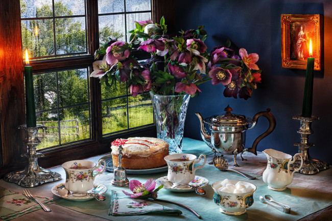 Обои картинки фото еда, натюрморт, свечи, пирог, чайник, чай, сахар
