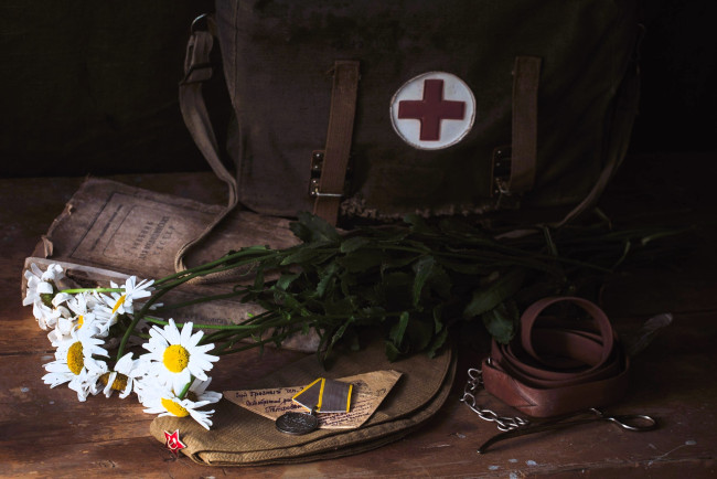 Обои картинки фото праздничные, день победы, сумка, ремень, книга, ромашки, письмо, награда, пилотка