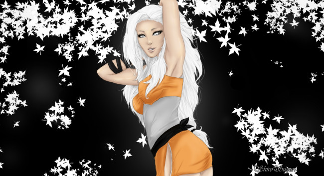 Обои картинки фото векторная, графика, черный, фон, руки, листья, взгляд, белые, волосы, девушка