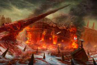 Картинка фэнтези иные+миры +иные+времена существо пожар голубь рояль чудик постапокалипсис сюрреализм