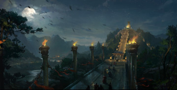 Картинка фэнтези иные+миры +иные+времена монахи лестница вершина храм