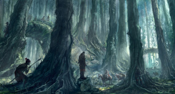 Картинка steve+chinhsuan+wang фэнтези люди всадник steve chinhsuan wang деревья копьё индеец лошади лес засада абориген