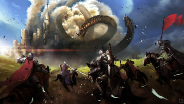 Картинка фэнтези драконы воины замок