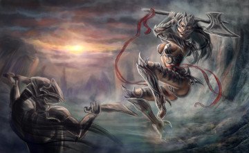 Картинка фэнтези девушки девушка схватка воин топор соперник