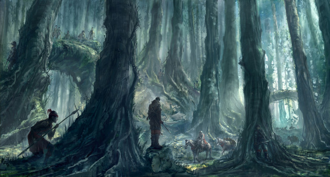 Обои картинки фото steve chinhsuan wang, фэнтези, люди, всадник, steve, chinhsuan, wang, деревья, копьё, индеец, лошади, лес, засада, абориген