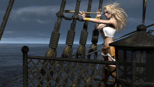 Обои картинки фото riis sexy, 3д графика, people , люди, девушка, взгляд, корабль, море