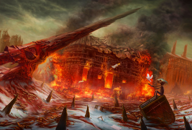 Обои картинки фото фэнтези, иные миры,  иные времена, существо, пожар, голубь, рояль, чудик, постапокалипсис, сюрреализм