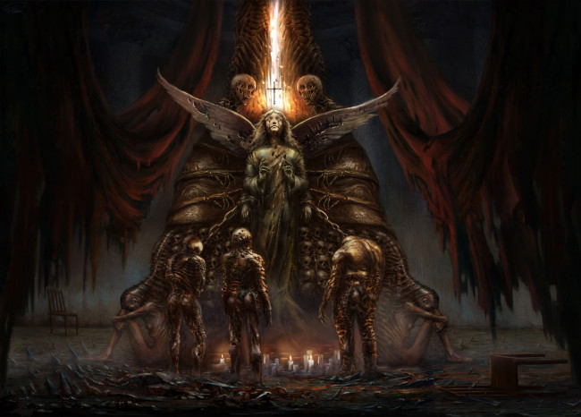 Обои картинки фото фэнтези, существа, свечи, черепа, скелеты, сюрреализм, ангел, монстры