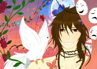 Картинка разное арты бабочки ягоды маски цветы голубь фон взгляд девушка