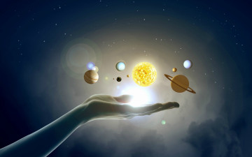 Картинка космос арт рука солнце планеты