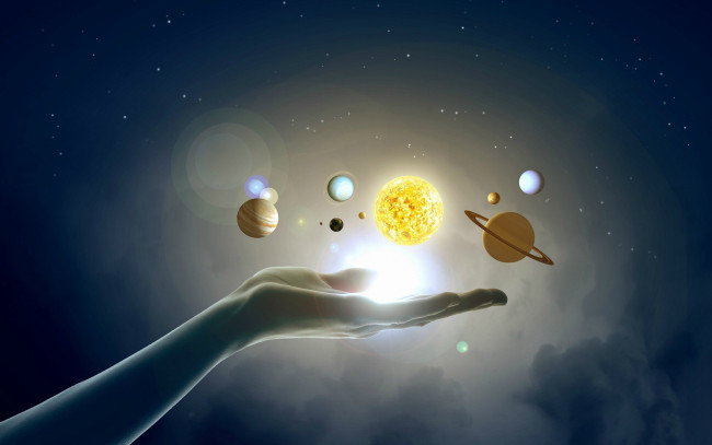 Обои картинки фото космос, арт, рука, солнце, планеты