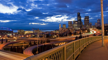 Картинка города сиэтл+ сша огни шоссе дороги здания развязка тучи дома