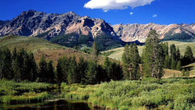 Обои картинки фото природа, горы, озеро, деревья, долина, облака