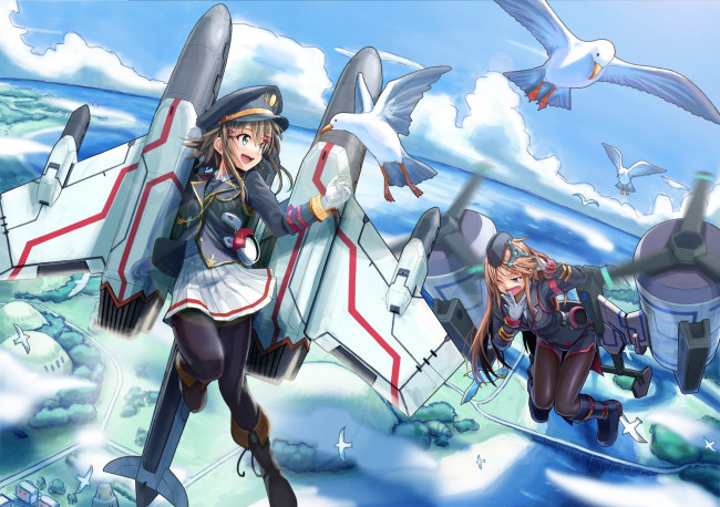 Обои картинки фото аниме, оружие,  техника,  технологии, взгляд, фон, девушки