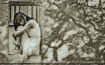 Картинка календари компьютерный+дизайн стена тень проем окно сидеть девушка азиатка