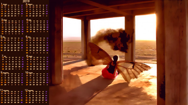 Обои картинки фото календари, фэнтези, девушка, крылья, проем