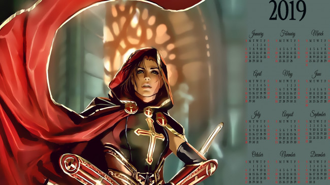 Обои картинки фото календари, фэнтези, накидка, плащ, капюшон, крест, девушка