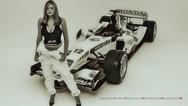 Обои картинки фото календари, компьютерный дизайн, гонкс, машина, авто, ралли, комбинезон, модель, девушка