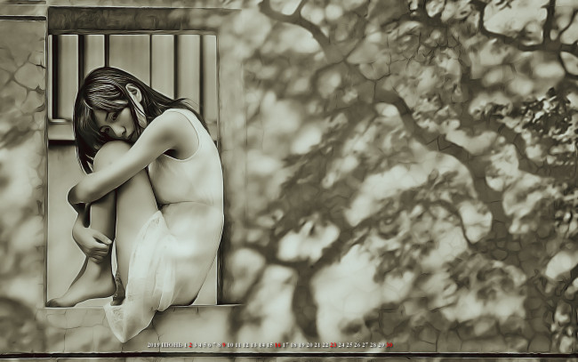 Обои картинки фото календари, компьютерный дизайн, стена, тень, проем, окно, сидеть, девушка, азиатка