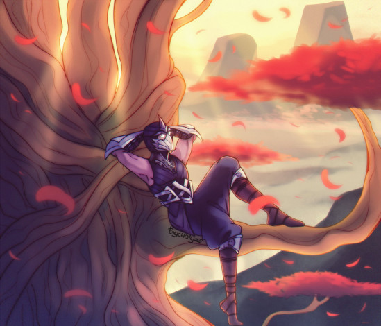 Обои картинки фото видео игры, league of legends, воин, дерево, листья, отдых, shen