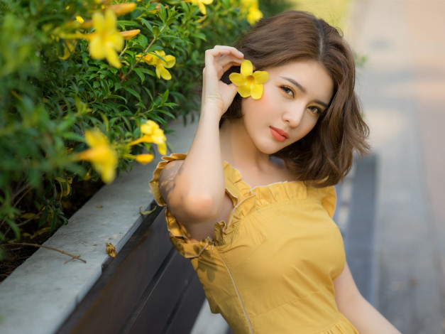 Обои картинки фото девушка в желтом белье, девушки, - азиатки, девушка, красивая, супер, секси, няша, нежная, классная, модница, лапочка, мадам