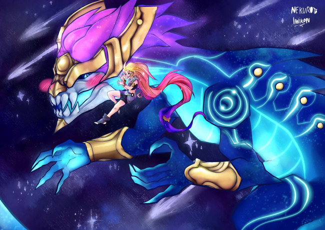 Обои картинки фото видео игры, league of legends, монстр, девушка, aurelion, sol, zoe