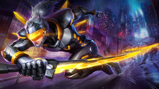 Обои картинки фото видео игры, heroes evolved, девушка, киборг, меч, скорость, город, демоны