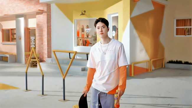 Обои картинки фото мужчины, wang yi bo, актер, певец, скейт, комната, бутылка