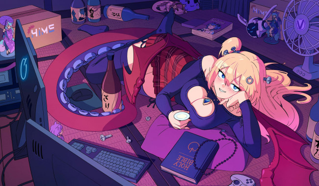 Обои картинки фото аниме, ангелы,  демоны, демонесса, компьютер, бутылки