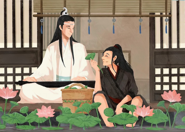 Обои картинки фото рисованное, кино,  мультфильмы, лань, ванцзы, вэй, усянь, лотосы, корзина