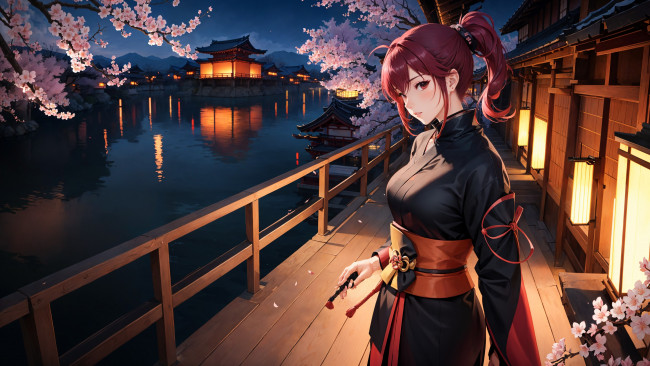 Обои картинки фото аниме, пейзажи,  природа, нейросети, графика, нейроарт, ai, art, нейронные, сети, рисунки, нейро, искусство, река, сакура