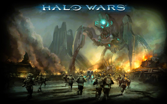 Обои картинки фото видео игры, halo wars, война, солдаты, армии, роботы, дым, огонь, техника, скалы