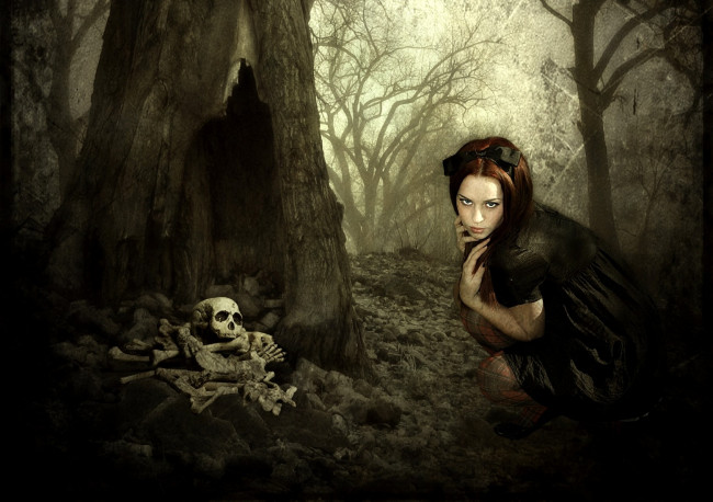 Обои картинки фото фэнтези, девушки, взгляд, череп