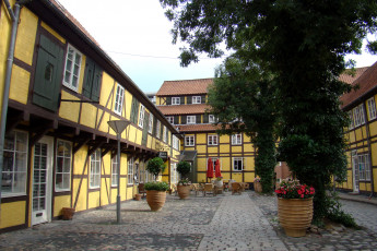 Картинка дания оденсе города улицы площади набережные улочка дома кафе столики деревья цветники