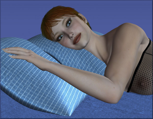 Обои картинки фото 3д графика, люди , people, подушки, девушка, взгляд