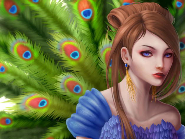 Обои картинки фото рисованные, люди, девушка, перья