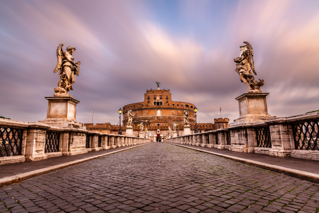 Обои картинки фото castel sant`angelo & sant`angelo bridge - rome,  italy, города, рим,  ватикан , италия, castel, sant'angelo, мост, святого, ангела, mausoleum, of, hadrian, брусчатка, rome, bridge, ponte, скульптуры, italy, замок