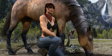 Картинка 3д+графика люди+ people девушка взгляд фон лошадь горы водопад