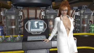 Картинка 3д+графика фантазия+ fantasy девушка лаборатория халат фон взгляд