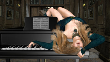 Картинка 3д+графика люди+ people девушка взгляд фон улыбка пианино