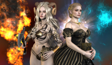 Картинка 3д+графика фантазия+ fantasy девушка взгляд фон книга маска кастаника оружие