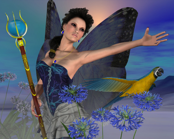 Обои картинки фото 3д графика, эльфы , elves, шест, фон, взгляд, девушка, цветы, попугай