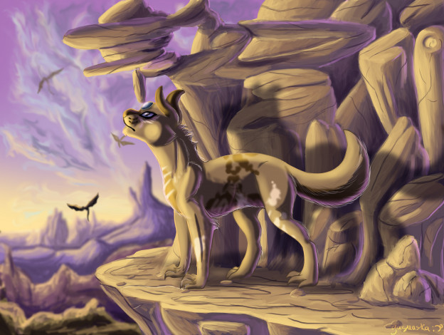 Обои картинки фото рисованное, животные,  сказочные,  мифические, горы, кот