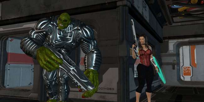 Обои картинки фото 3д графика, фантазия , fantasy, девушка, взгляд, фон, оружие, халк