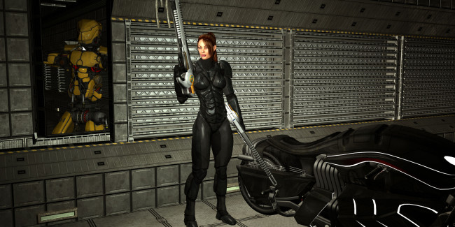 Обои картинки фото 3д графика, люди , people, девушка, взгляд, фон, оружие, мотоцикл