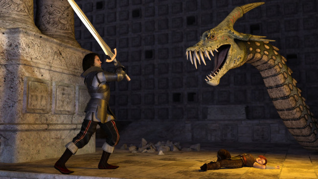 Обои картинки фото 3д графика, фантазия , fantasy, оружие, мужчина, дракон, фон, взгляд