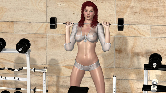 Обои картинки фото 3д графика, люди , people, штанги, фон, взгляд, девушка
