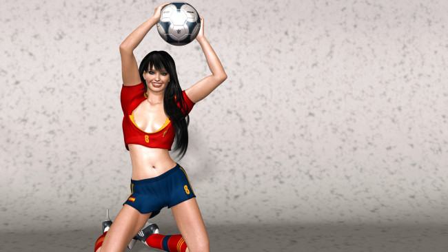 Обои картинки фото 3д графика, люди , people, взгляд, девушка, мяч, фон