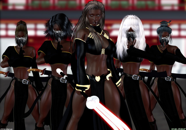 Обои картинки фото 3д графика, фантазия , fantasy, оружие, девушки, взгляд, фон